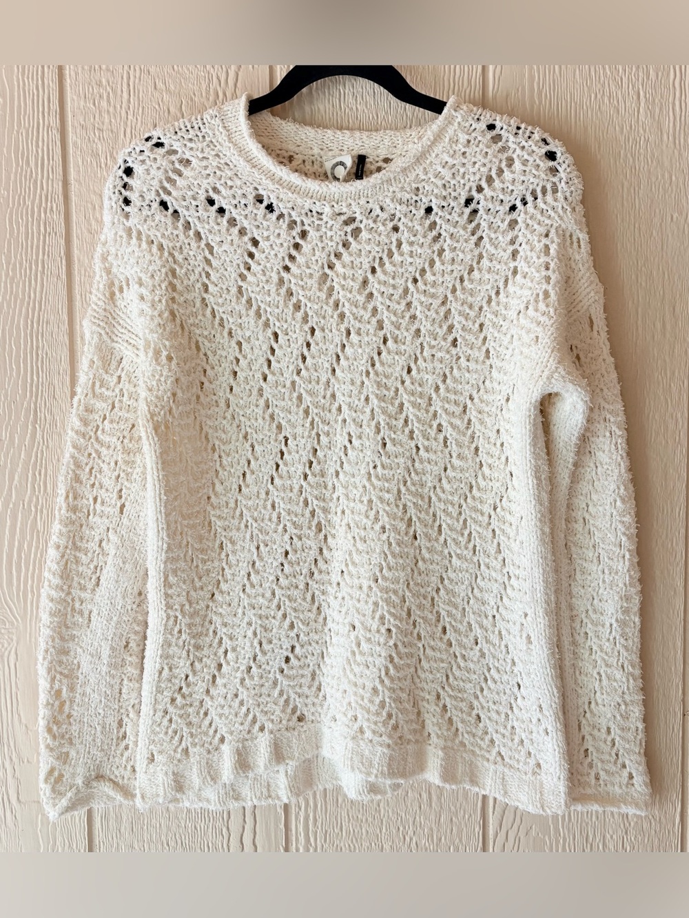 Anthropologie Akemi + Kin Ivory Open Knit Cotton Sweater XS Crochet Pullover